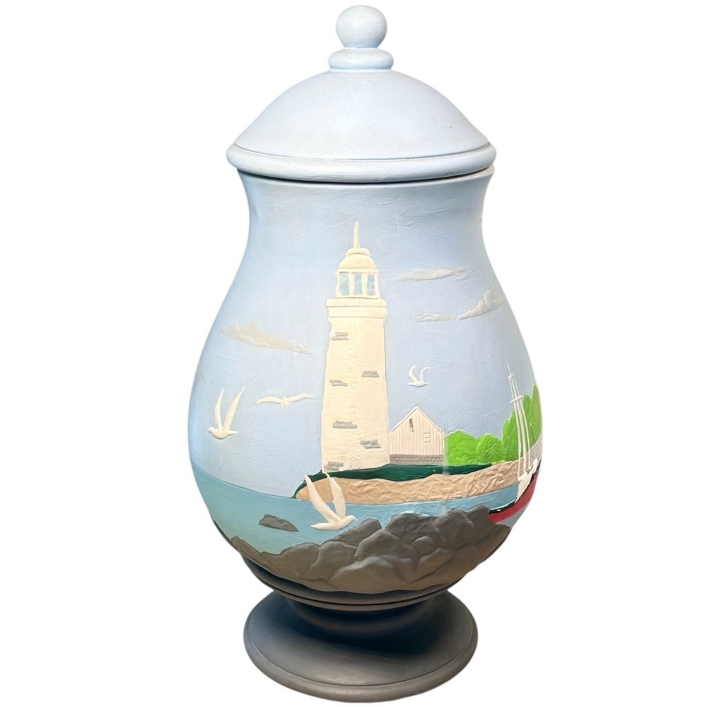 🎒BTS SALE📚 Hand Painted Ceramic Coastal Lighthouse Canister Decorative Jar, Uniq